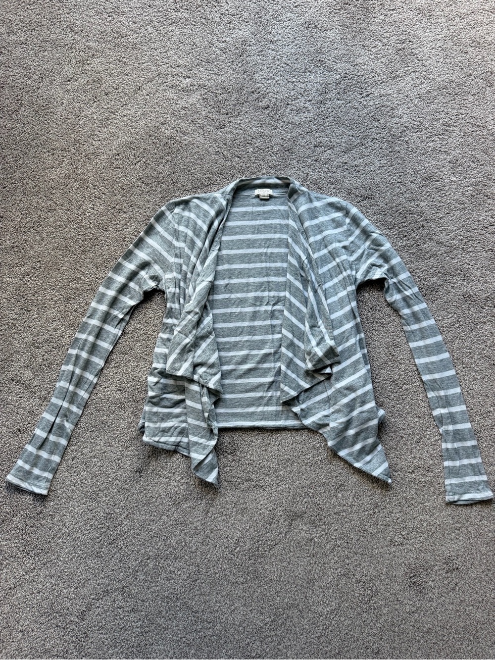 J. Crew Gray and White Striped Draped Open-Front Cardigan